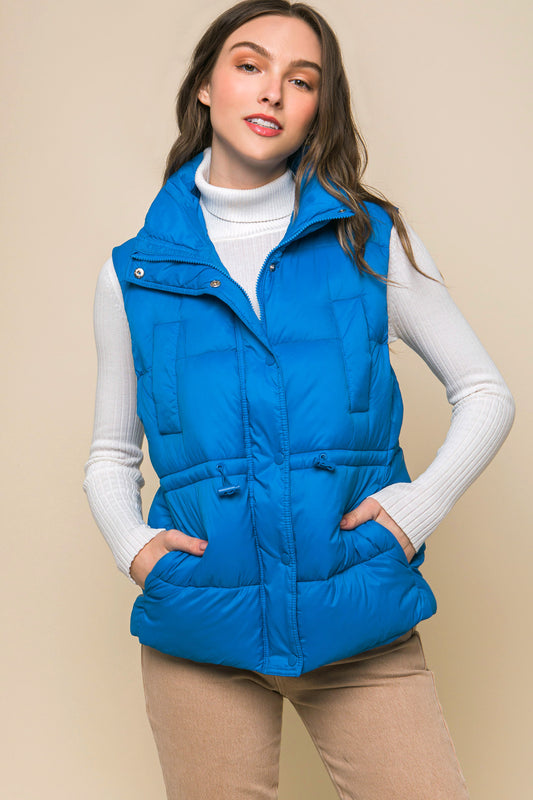 Zip Up Button Puffer Vest With Waist Toggles