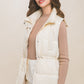 Zip Up Button Puffer Vest With Waist Toggles
