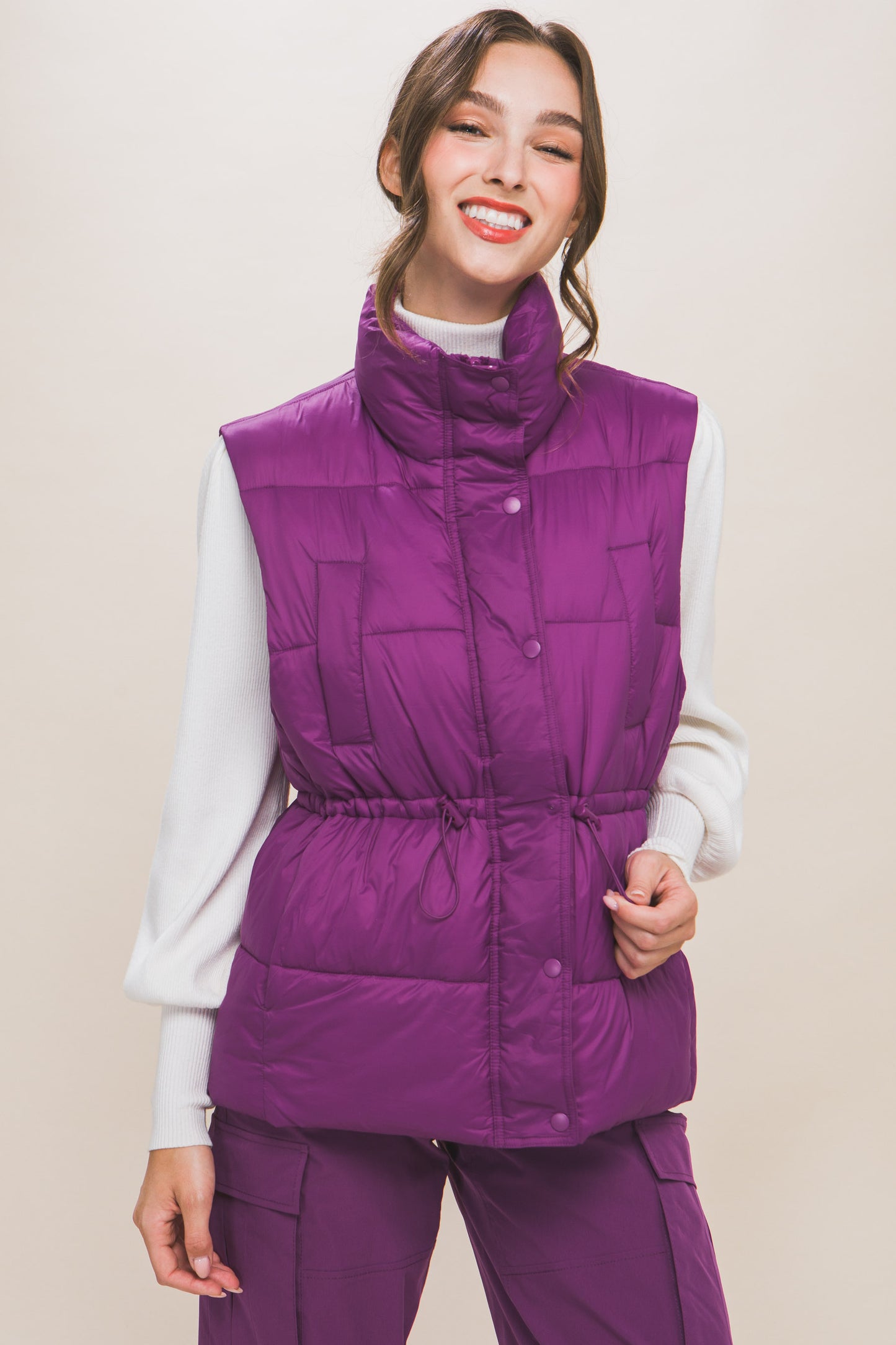 Zip Up Button Puffer Vest With Waist Toggles