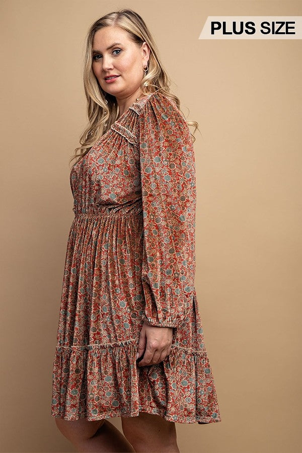 Printed Velvet V-neck Dress With Button Front Detail